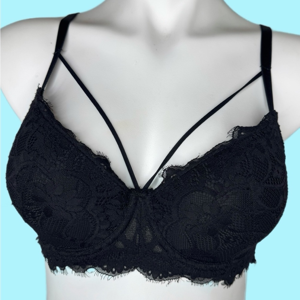 Sexy V Strap Black Lace Underwire Busty Bralette Size 36C